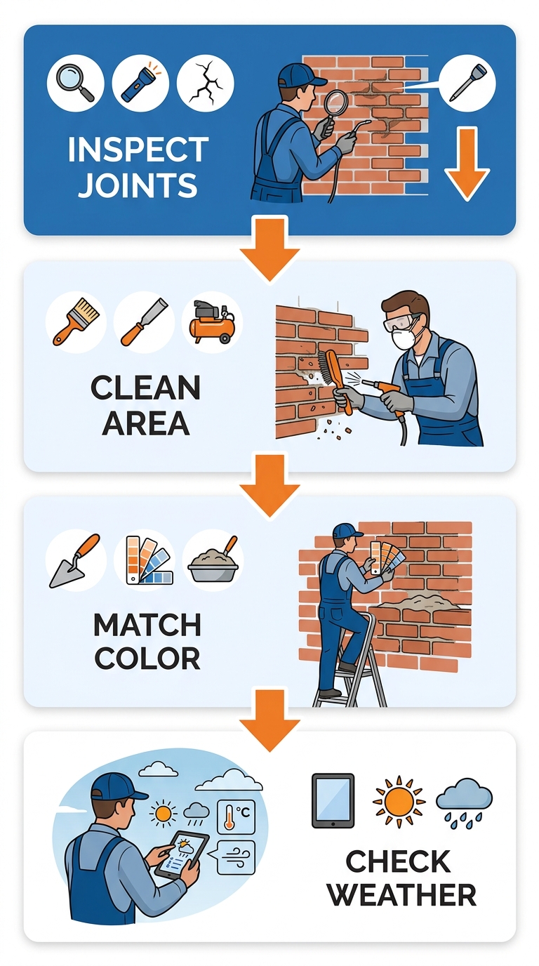 Four-step vertical process diagram for spot tuckpointing preparation: inspect mortar joints, clean area, match mortar color, check weather.