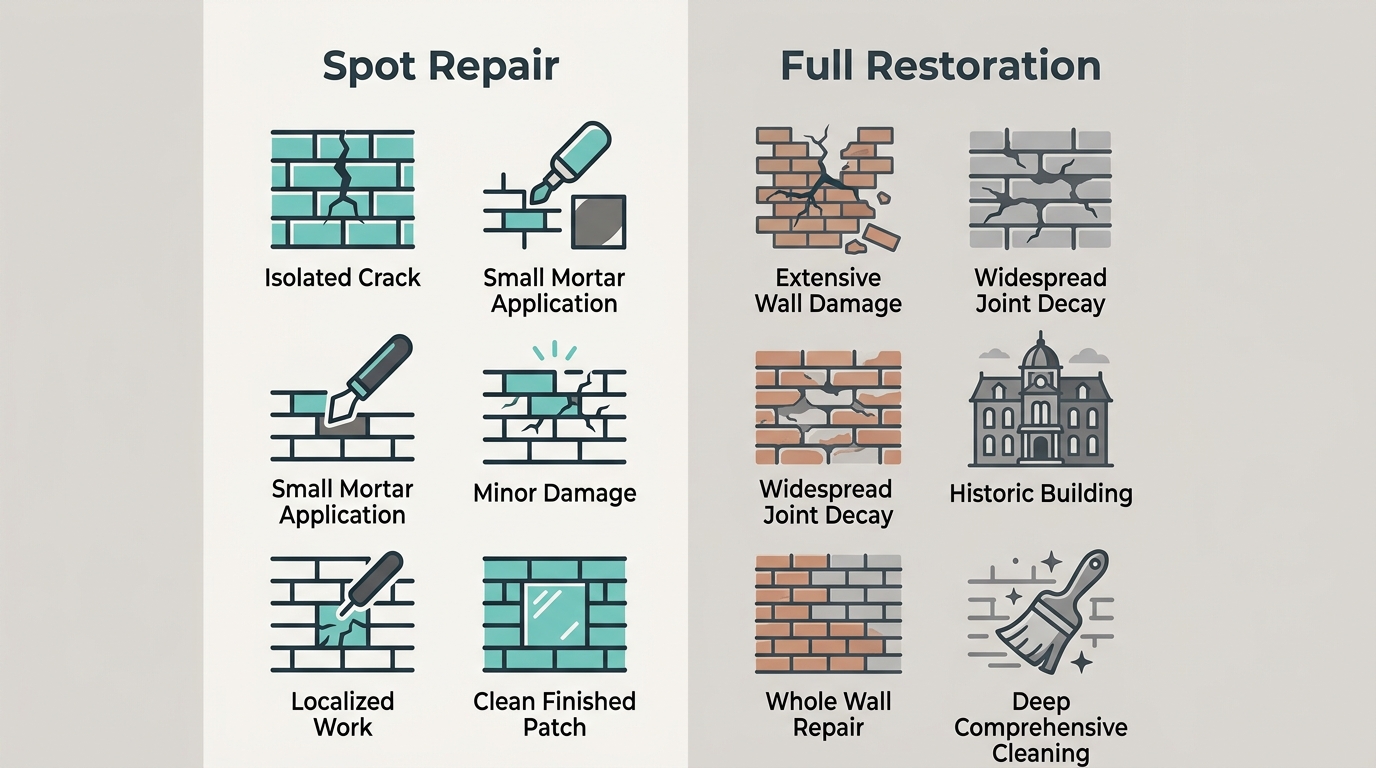 Side-by-side comparison of spot tuckpointing and full restoration for brick repair decisions