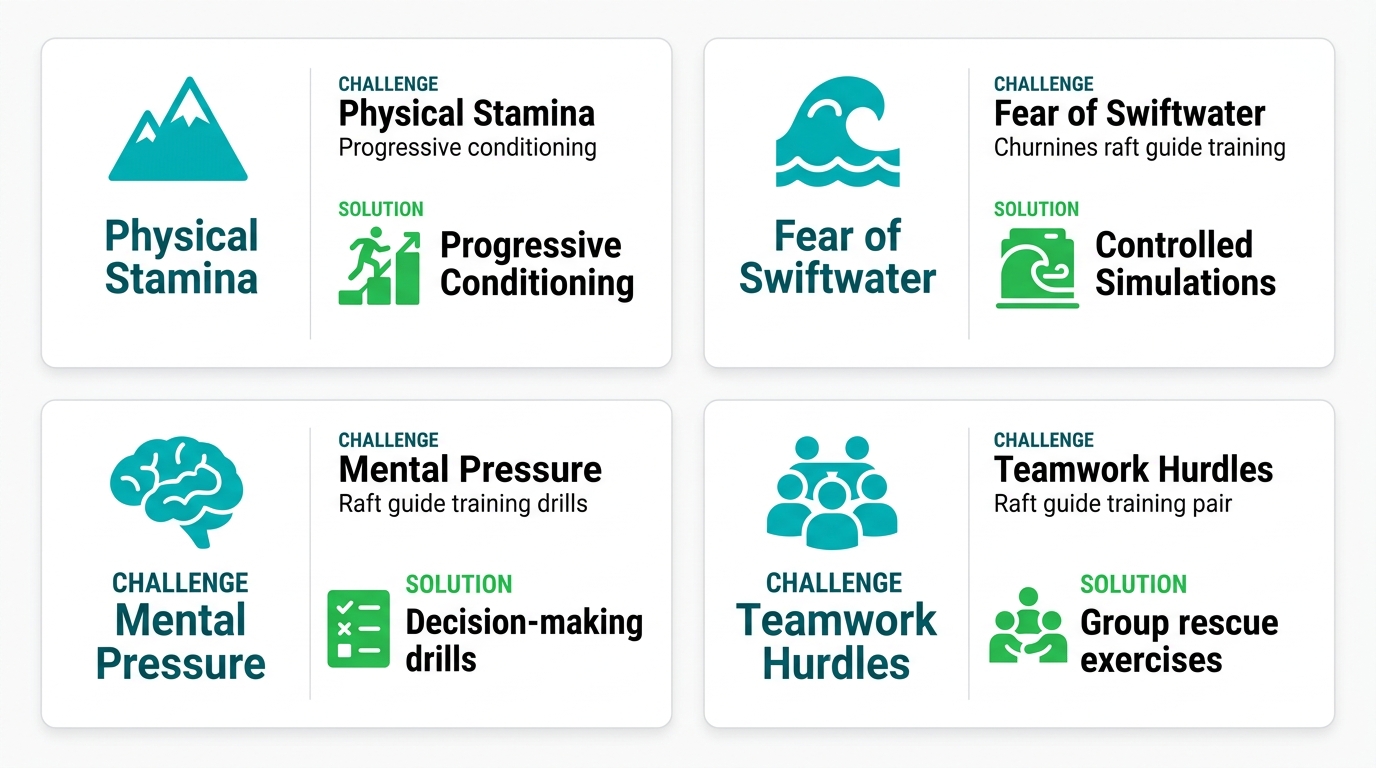 Infographic with four challenge/solution pairs for raft guide training: Physical Stamina, Fear of Swiftwater, Mental Pressure, Teamwork Hurdles, with teal and green accents on white