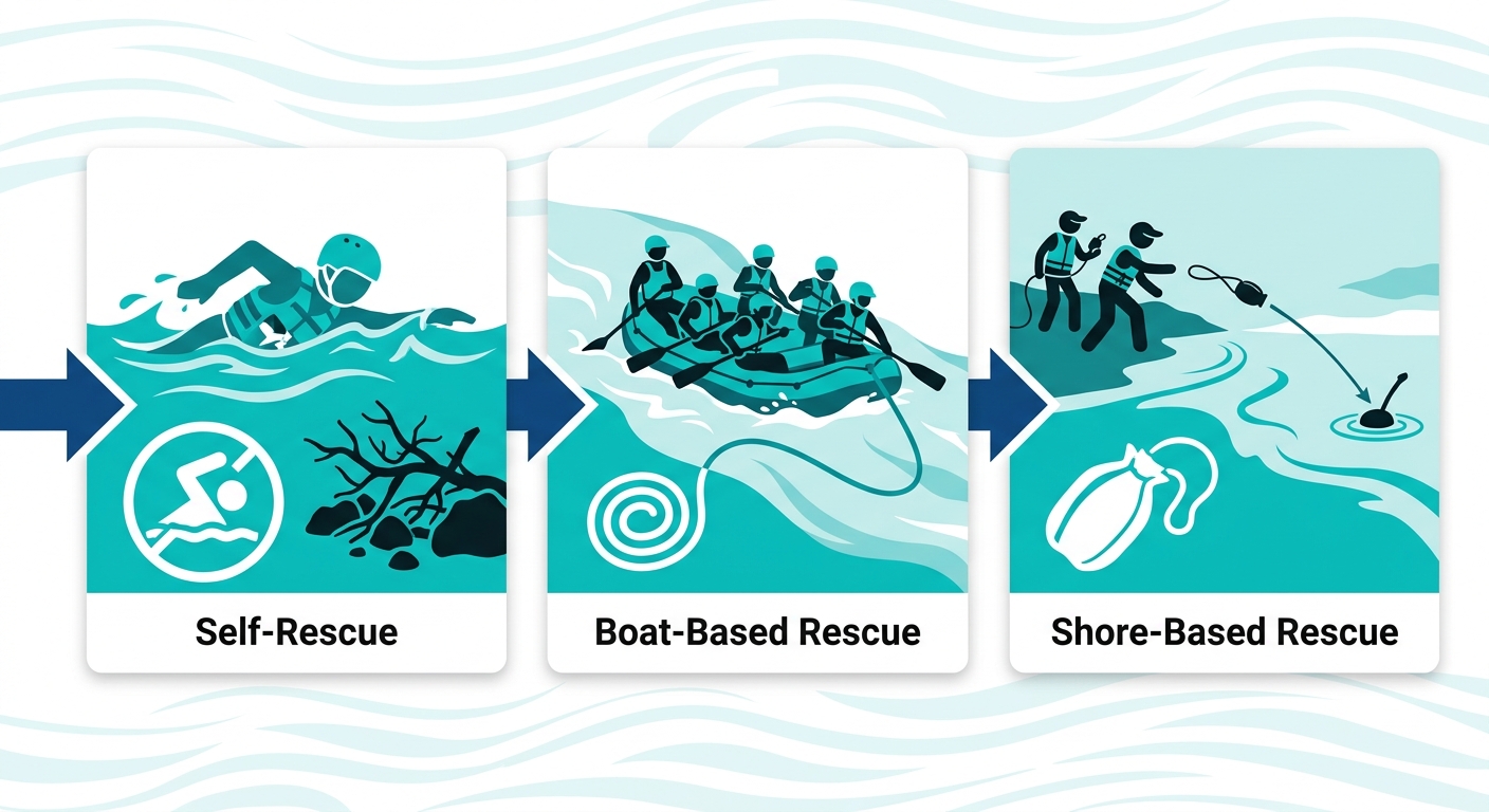 SWIFTWATER RESCUE: Self-Rescue, Boat-Based Rescue, Shore-Based Rescue - three technique categories in a horizontal process flow
