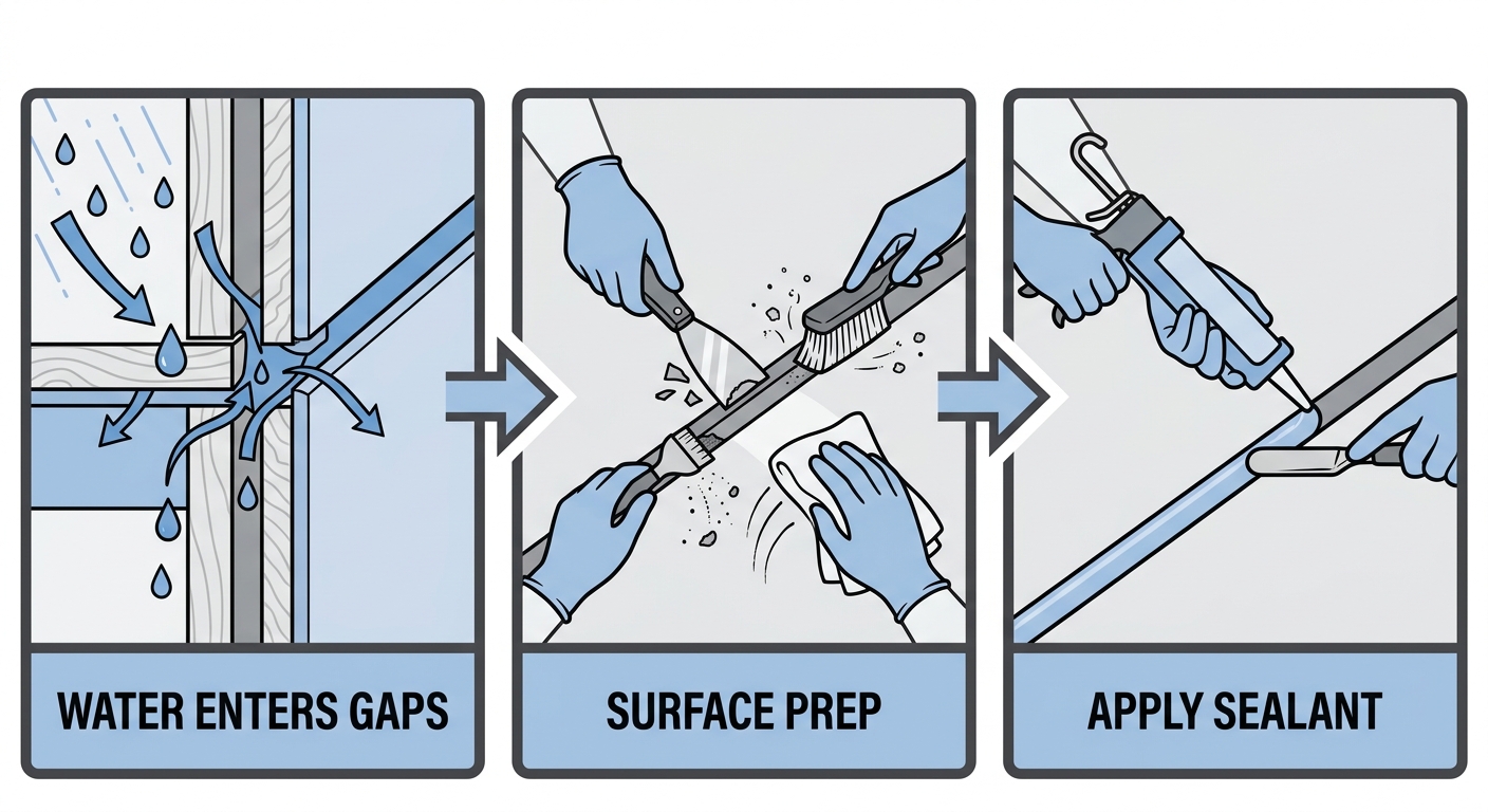 Three-step process showing how professional caulking stops water leaks: water entering gaps, surface prep, and sealant application.