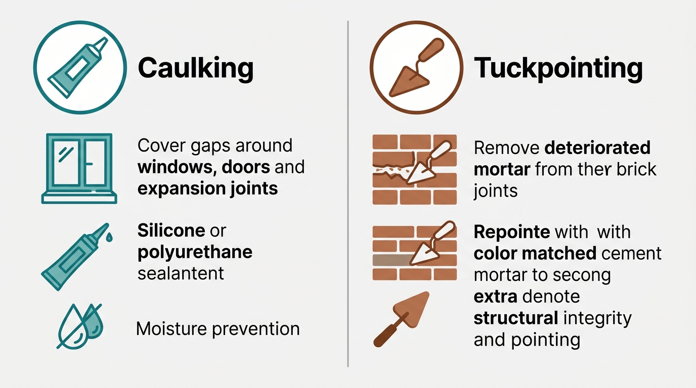 Two-column infographic comparing caulking and tuckpointing for masonry protection.