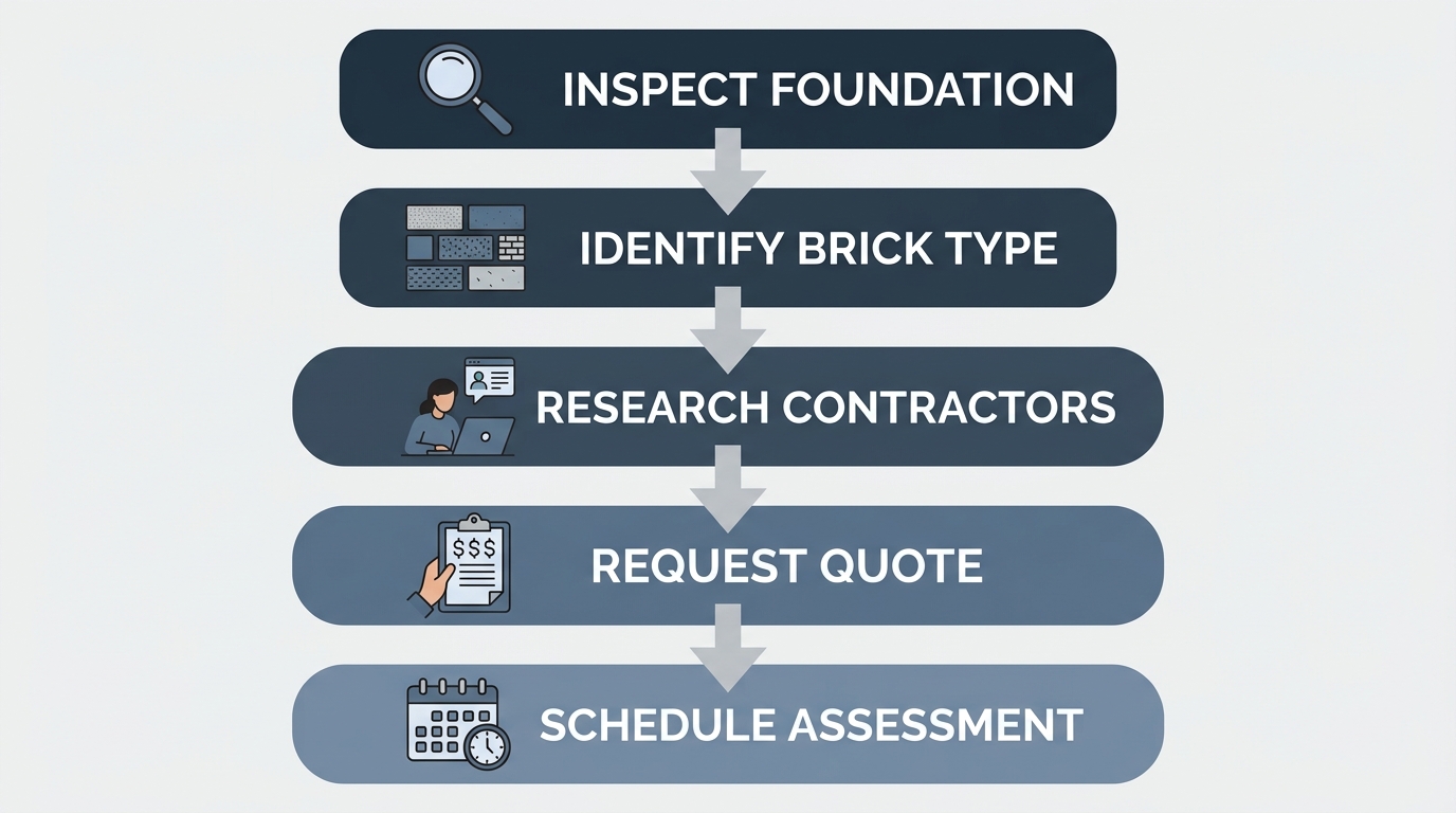 Process flow diagram showing five steps to start a foundation masonry project: inspect for stair-step cracks, identify brick and mortar type, research qualified contractors, request a quote, and schedule a site assessment.