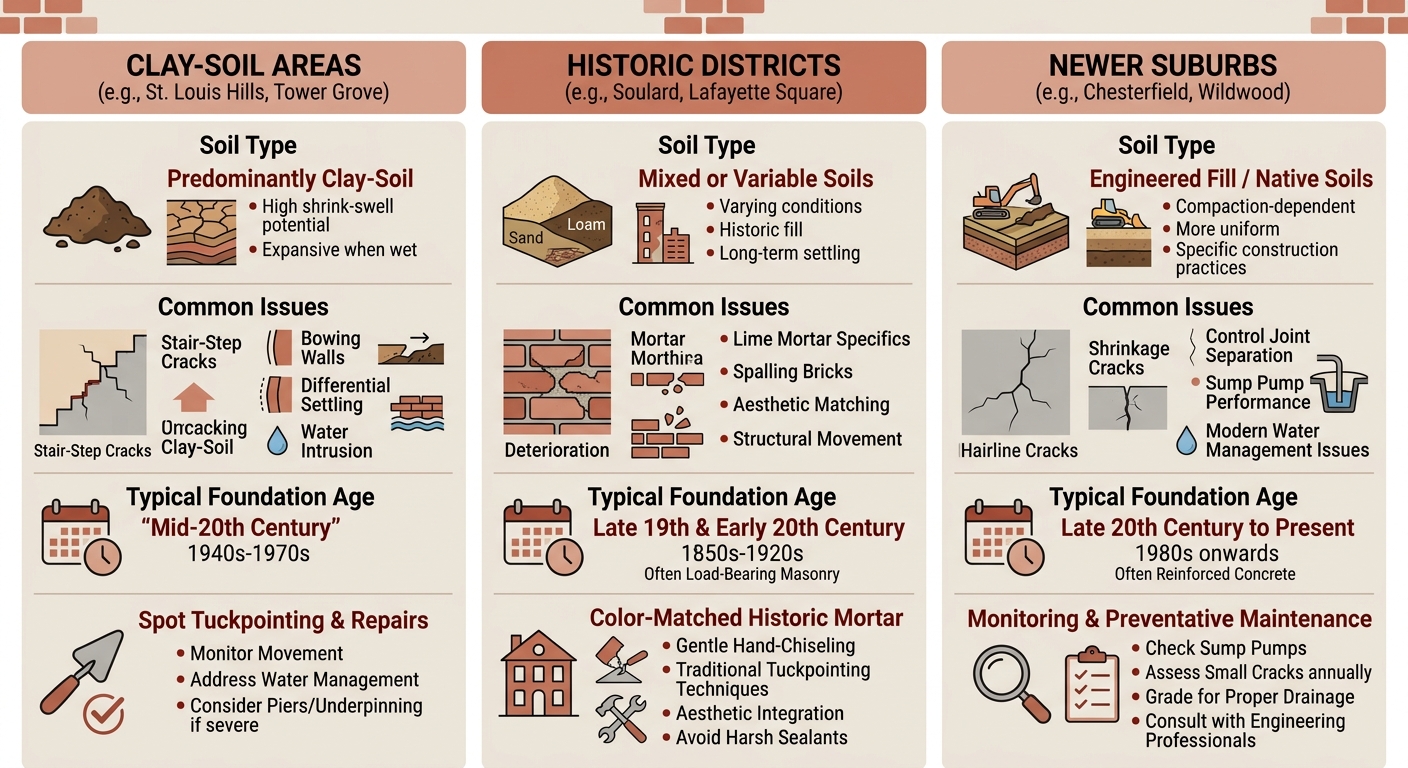 Infographic comparing foundation masonry challenges across three St. Louis area types: clay-soil areas, historic districts, and newer suburbs.