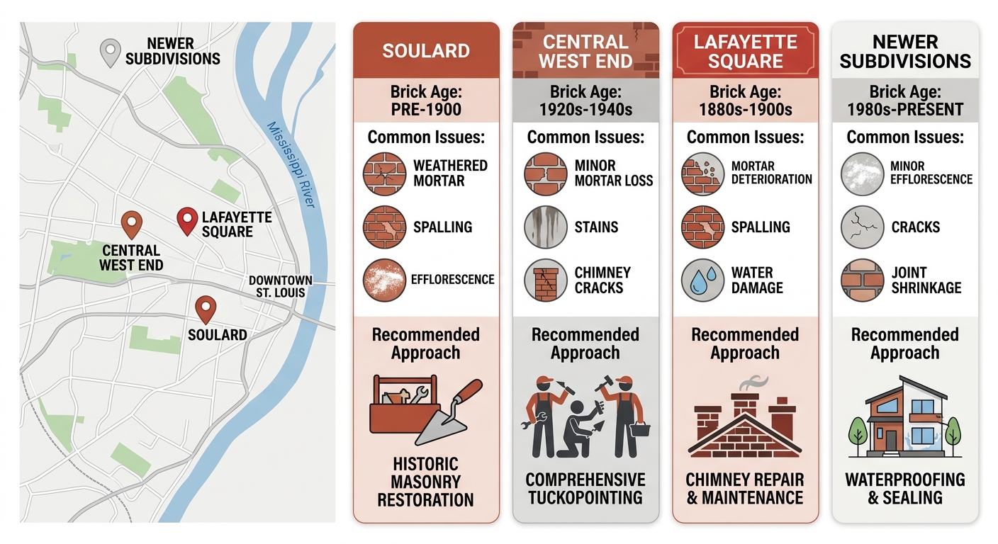 Infographic comparing brick restoration needs across four St. Louis neighborhoods: Soulard, Central West End, Lafayette Square, and newer subdivisions.