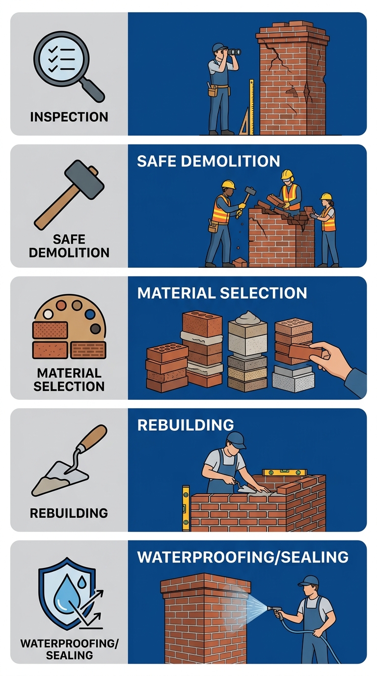 Process-flow infographic showing a vertical 5-step chimney rebuild process: Inspection, Safe Demolition, Material Selection, Rebuilding, and Waterproofing/Sealing. Masonry icons and gradient blue cards fill the frame.