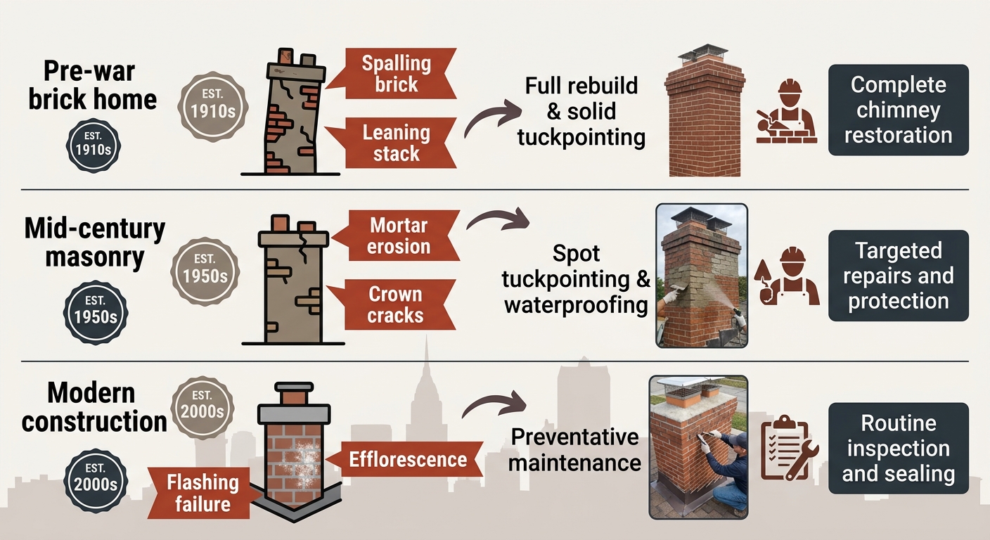 Infographic comparing three St. Louis chimney conditions by building age with recommended masonry services.