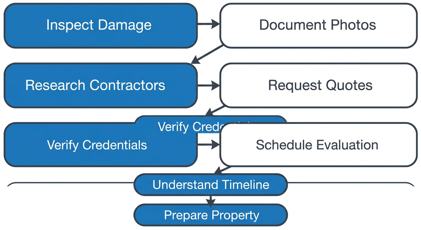 Vertical process flow diagram showing 8 steps for beginning a masonry restoration project, from inspection to property preparation.