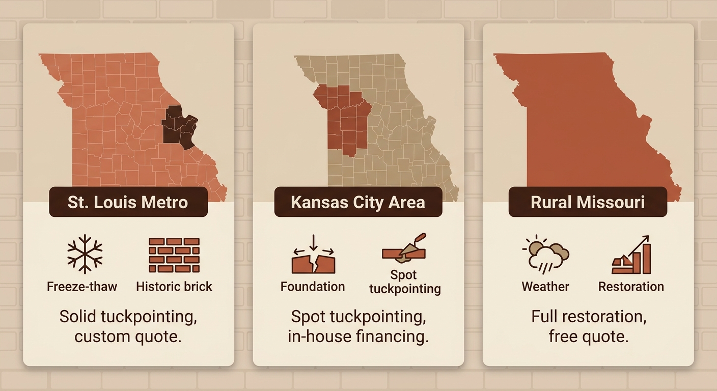 Regional comparison infographic showing masonry needs across Missouri: St. Louis Metro, Kansas City Area, and Rural Missouri with tuckpointing solutions
