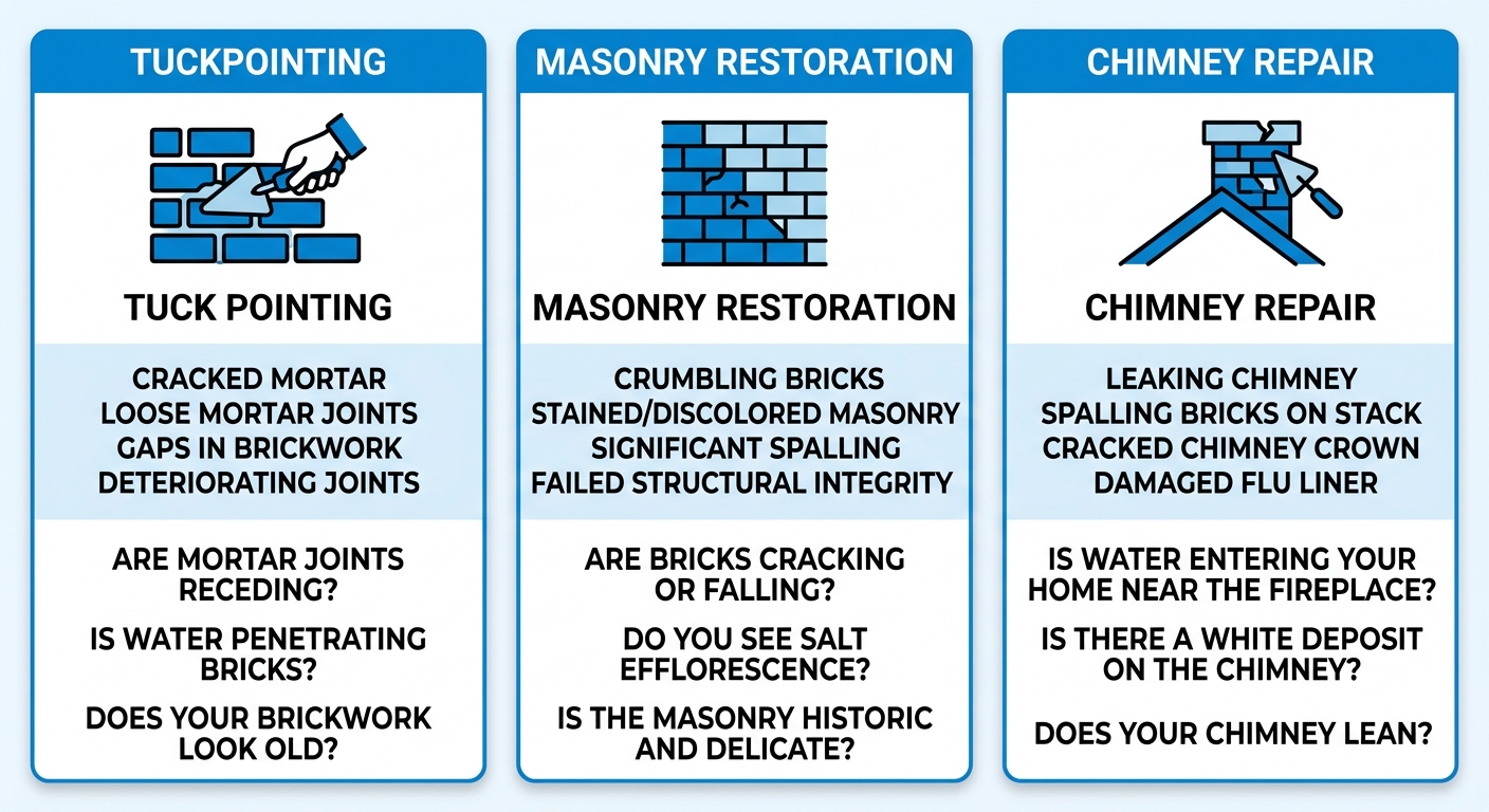Comparison table showing Tuckpointing, Masonry Restoration, and Chimney Repair services for Illinois homeowners, with icons and key indicators