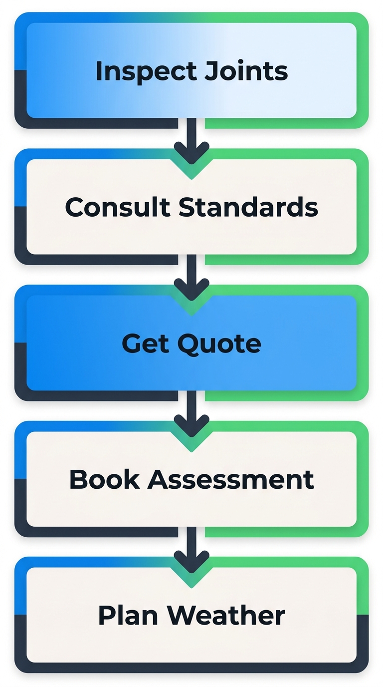 Five-step vertical process flow to evaluate and schedule tuckpointing in Illinois, starting with inspecting mortar joints, consulting industry guidelines, contacting B&G for a quote, scheduling professional assessment, and planning for favorable weather.