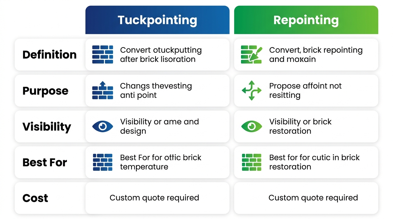 Side-by-side comparison infographic of tuckpointing vs repointing, blue and green headers, clean layout, no text title anywhere