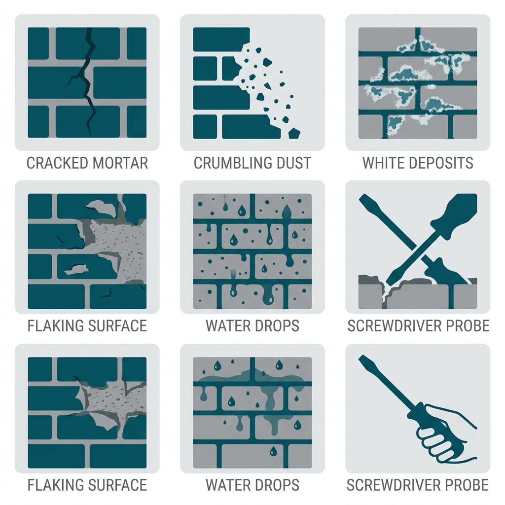 A grid of six flat icons showing signs of mortar joint deterioration including cracked brick, crumbling dust, white deposits, flaking brick, water drops, and a screwdriver test, each with gray text label.