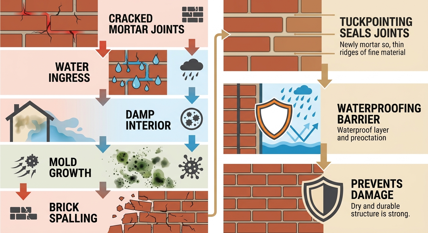 Vertical process-flow diagram showing water penetration through cracked mortar leading to interior damage, with tuckpointing as a sealing solution.