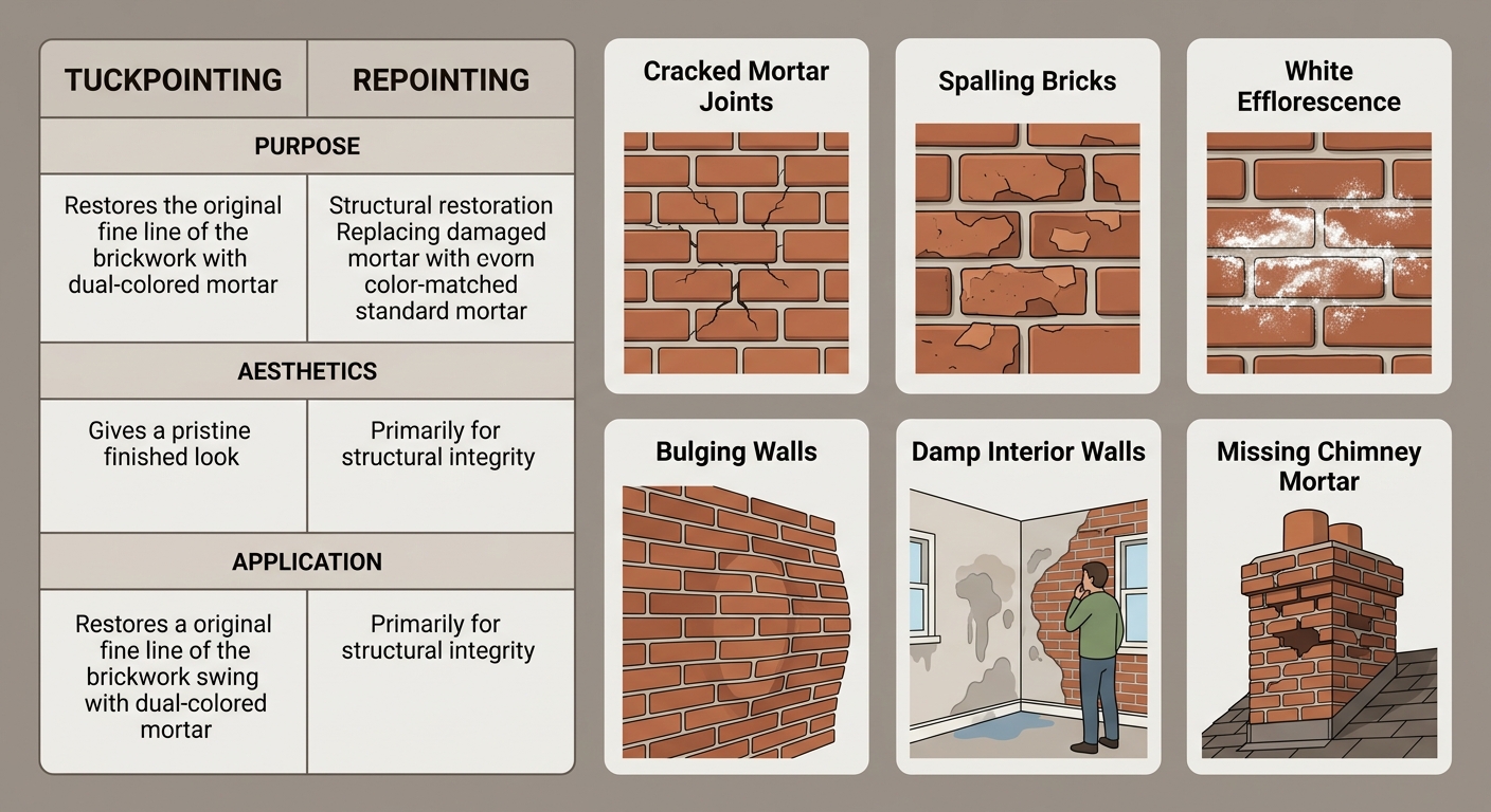 Infographic showing six visual signs of brick deterioration: cracked mortar joints, spalling bricks, white efflorescence deposits, bulging walls, damp interior walls, and missing chimney mortar.
