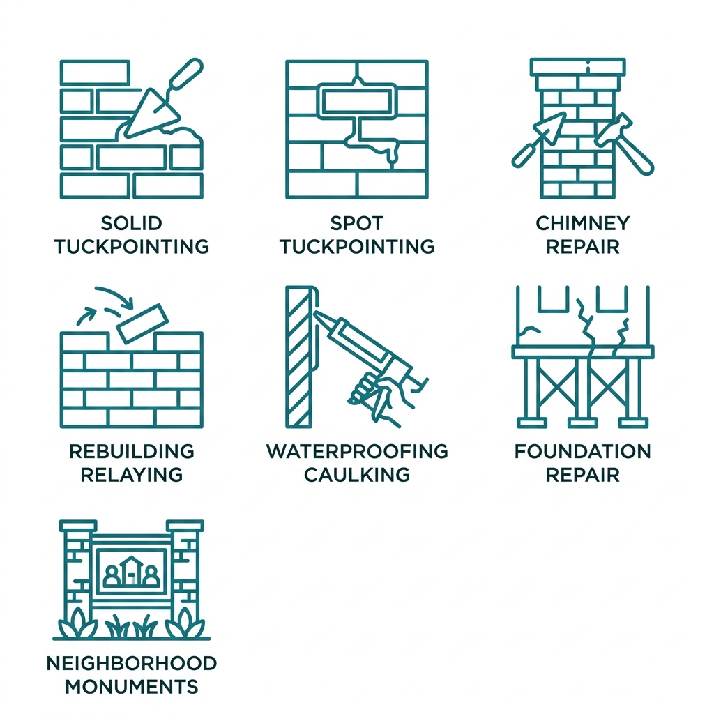 Icon grid showing B&G Tuckpointing masonry services: solid tuckpointing, spot tuckpointing, chimney repair, rebuilding brickwork, waterproofing, foundation repair, and monuments.