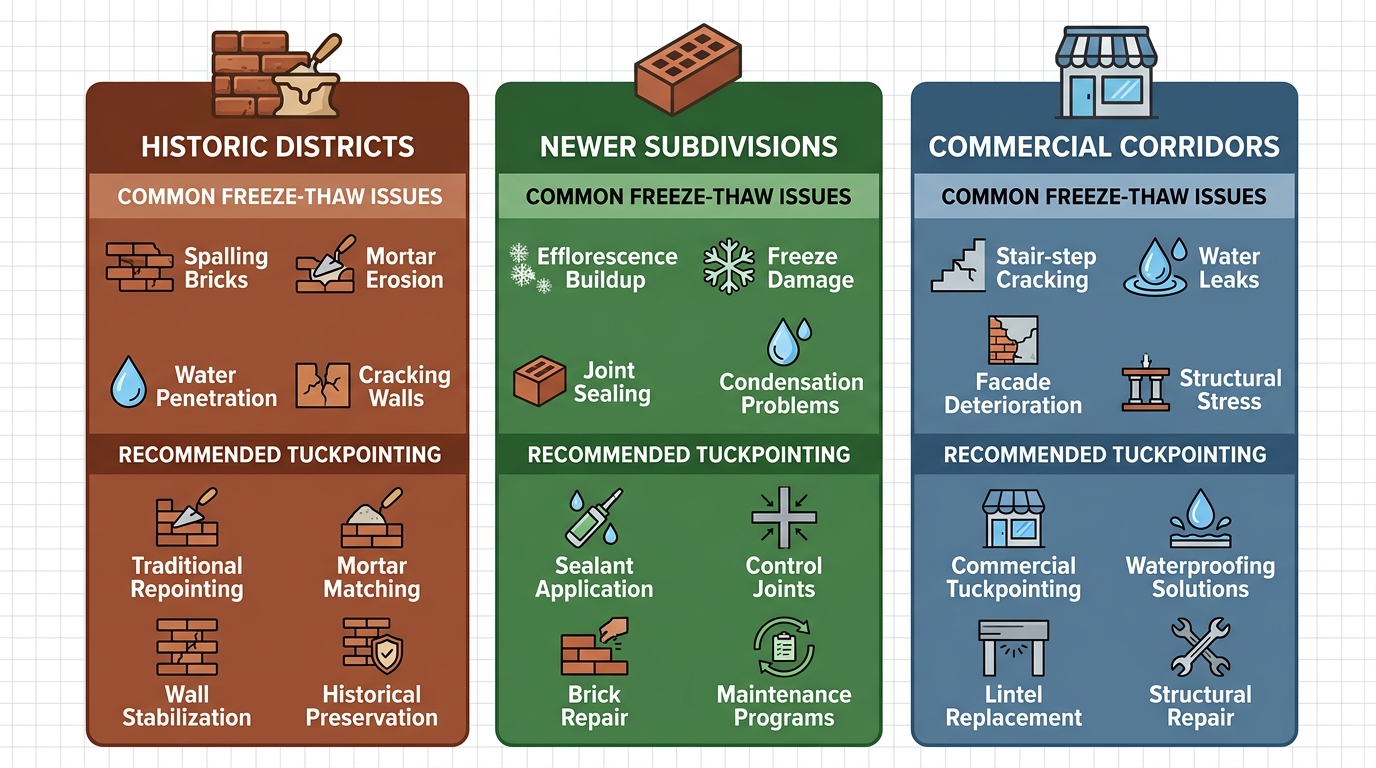 Infographic comparing masonry needs across Historic Districts, Newer Subdivisions, and Commercial Corridors in St. Louis