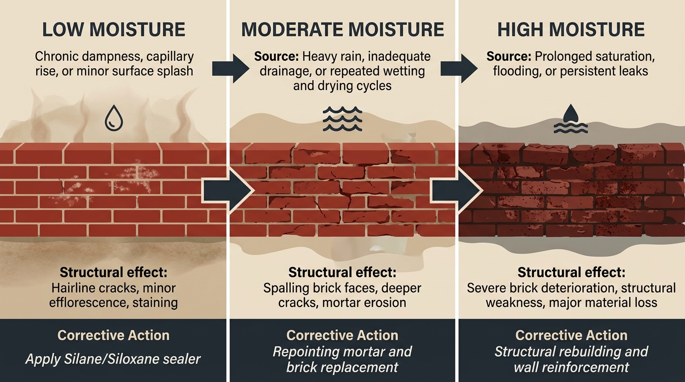 Diagram showing three escalating stages of water damage and masonry repair actions