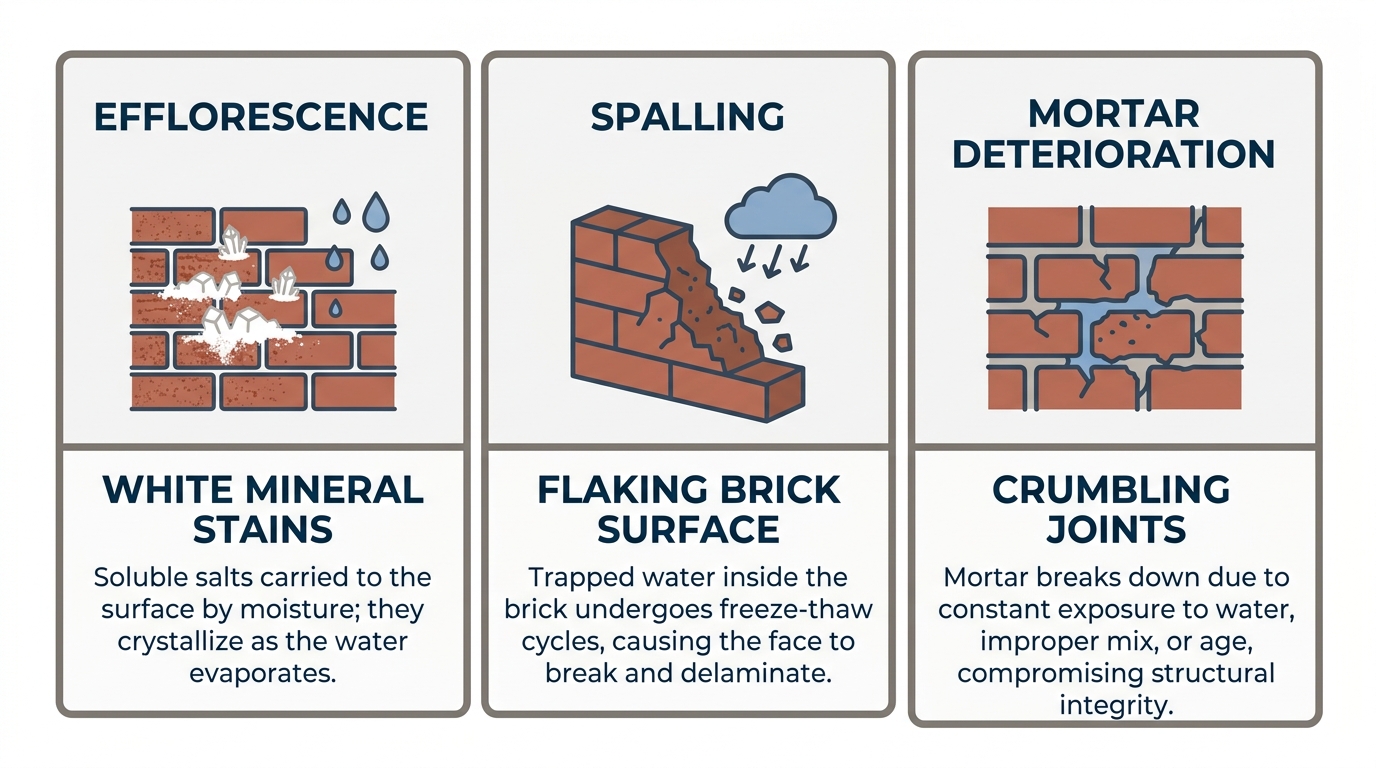 A three-panel infographic comparing efflorescence, spalling, and mortar deterioration on brick walls.
