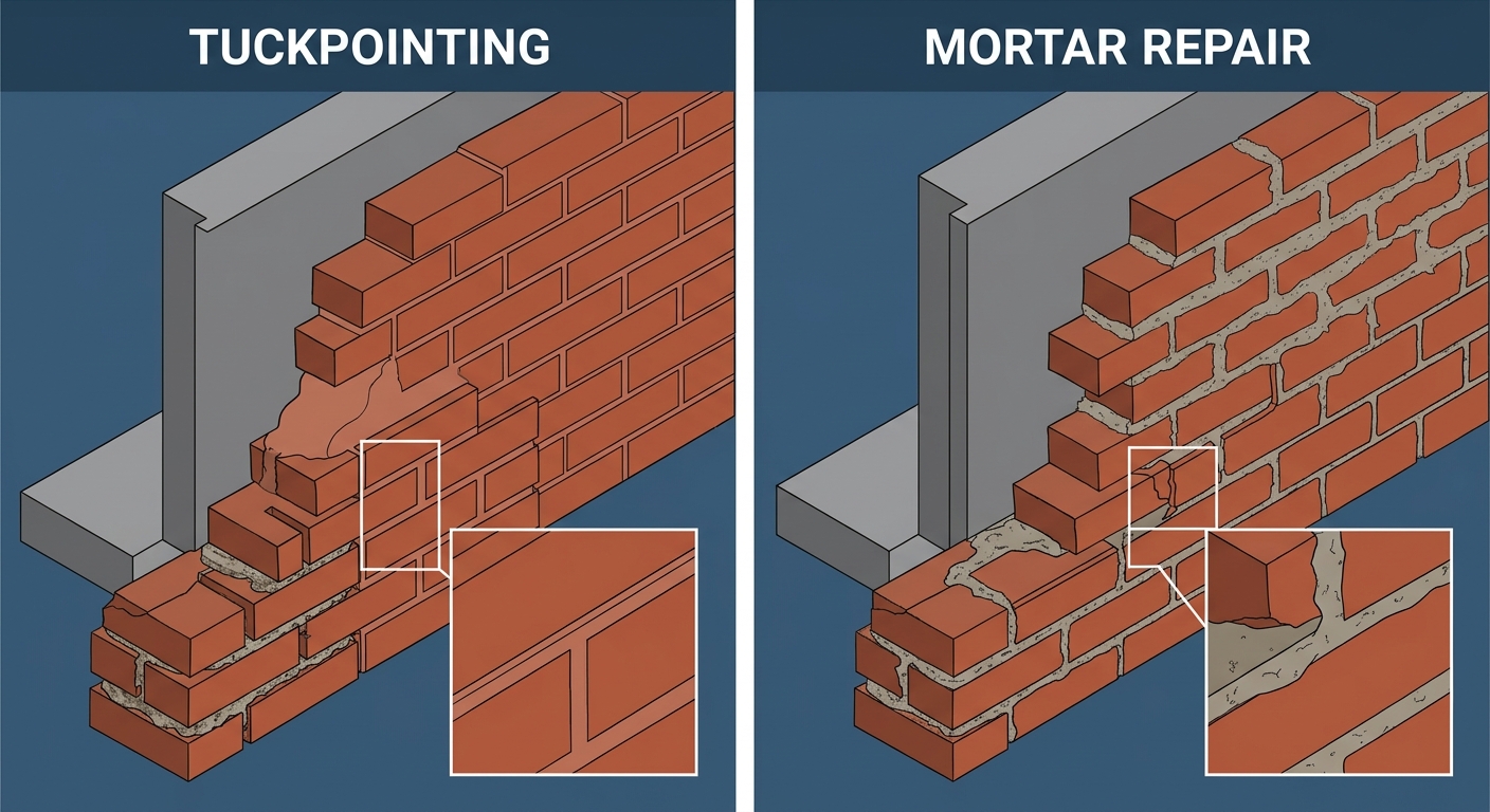Side-by-side comparison of professional tuckpointing versus simple mortar repair on a brick wall cross-section diagram.