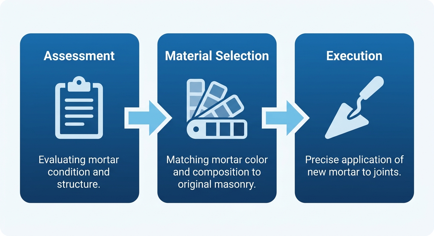 Tuckpointing process flow showing assessment, material selection, and execution stages.