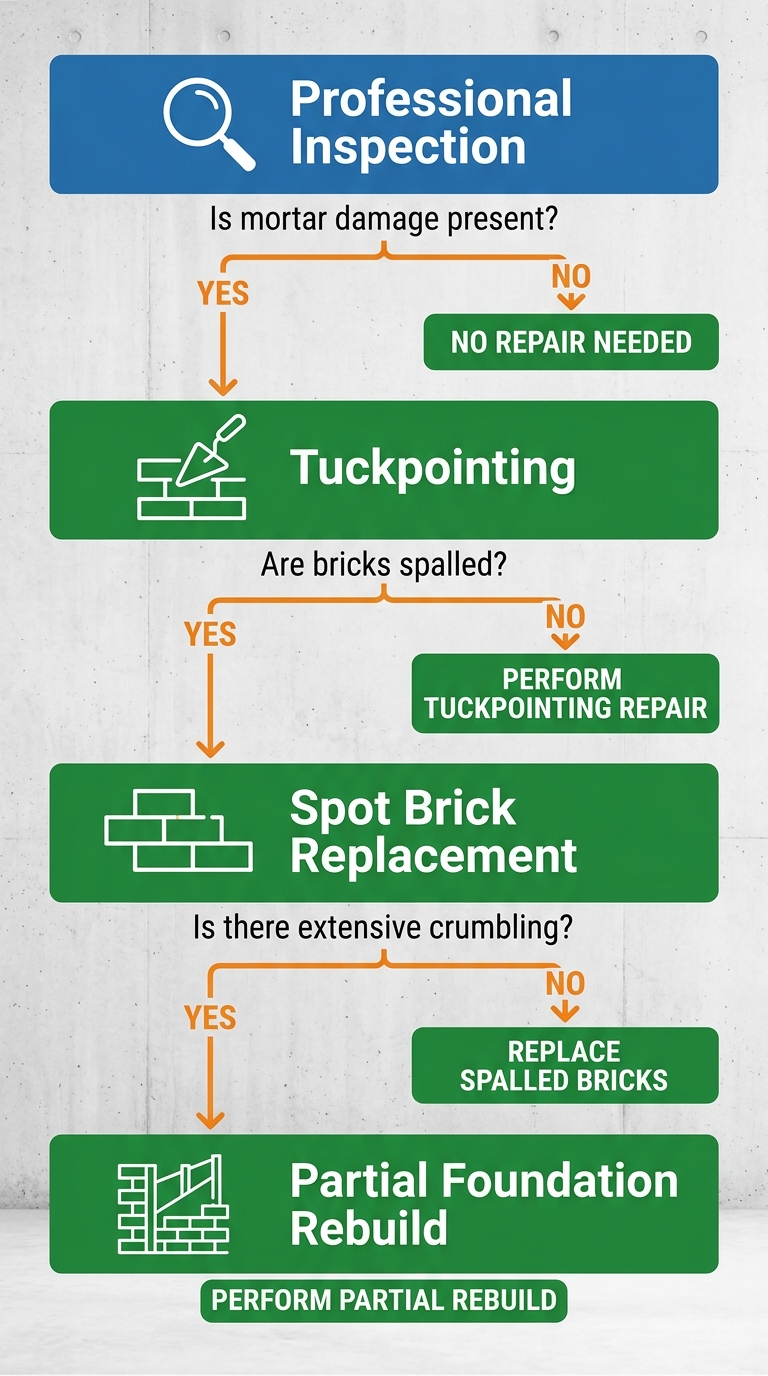 Decision tree diagram: crumbling foundation brick repair paths starting from professional inspection branching to tuckpointing, spot brick replacement, or partial foundation rebuild