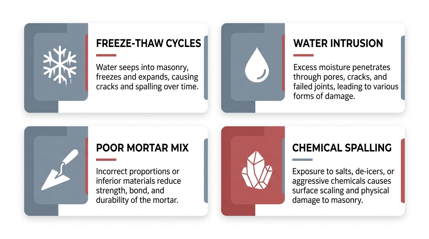 Infographic showing four causes of foundation brick crumbling: freeze-thaw cycles, water intrusion, poor mortar mix, and chemical spalling from de-icing salts, arranged in a two by two grid