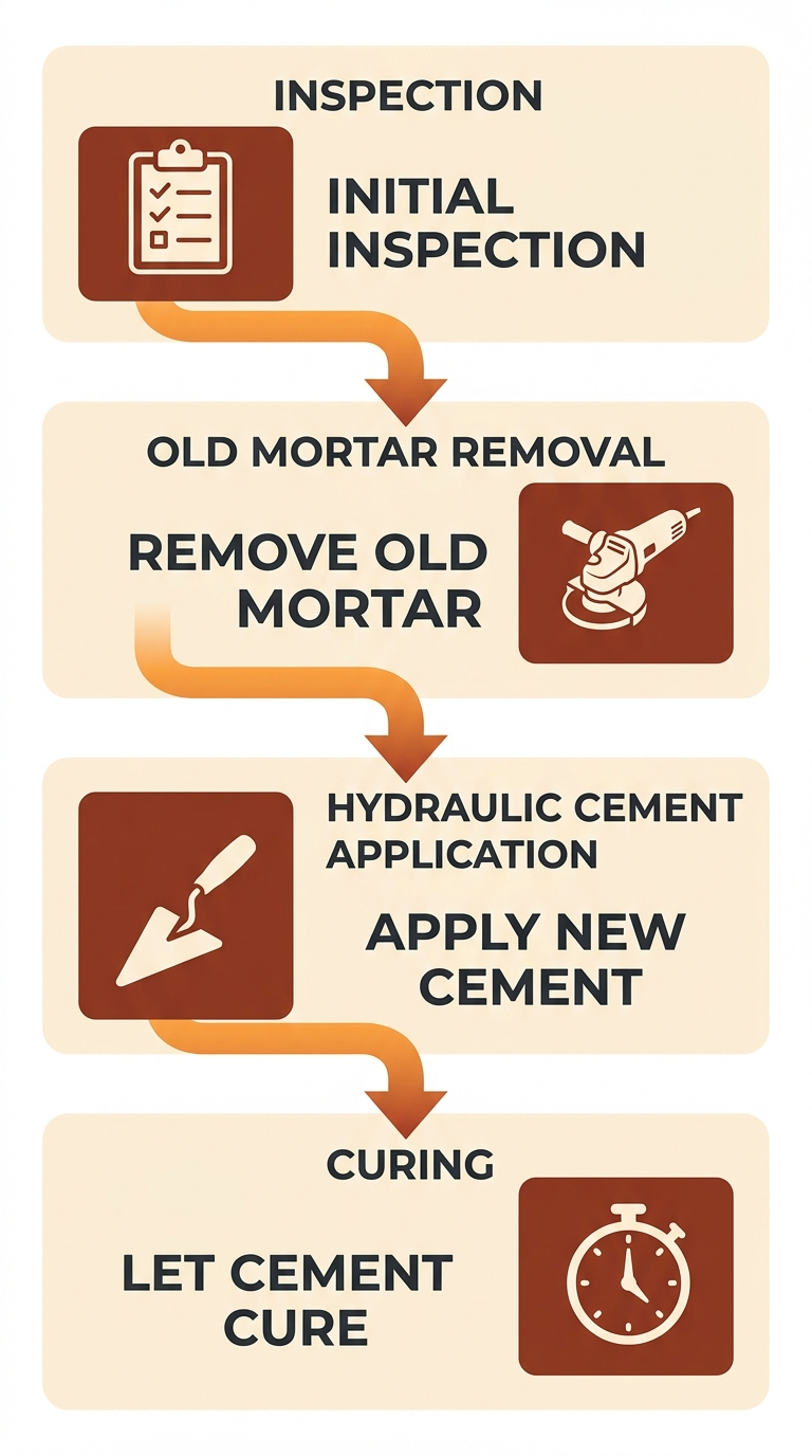 Chimney crown repair process showing inspection, mortar removal, cement application, and curing stages