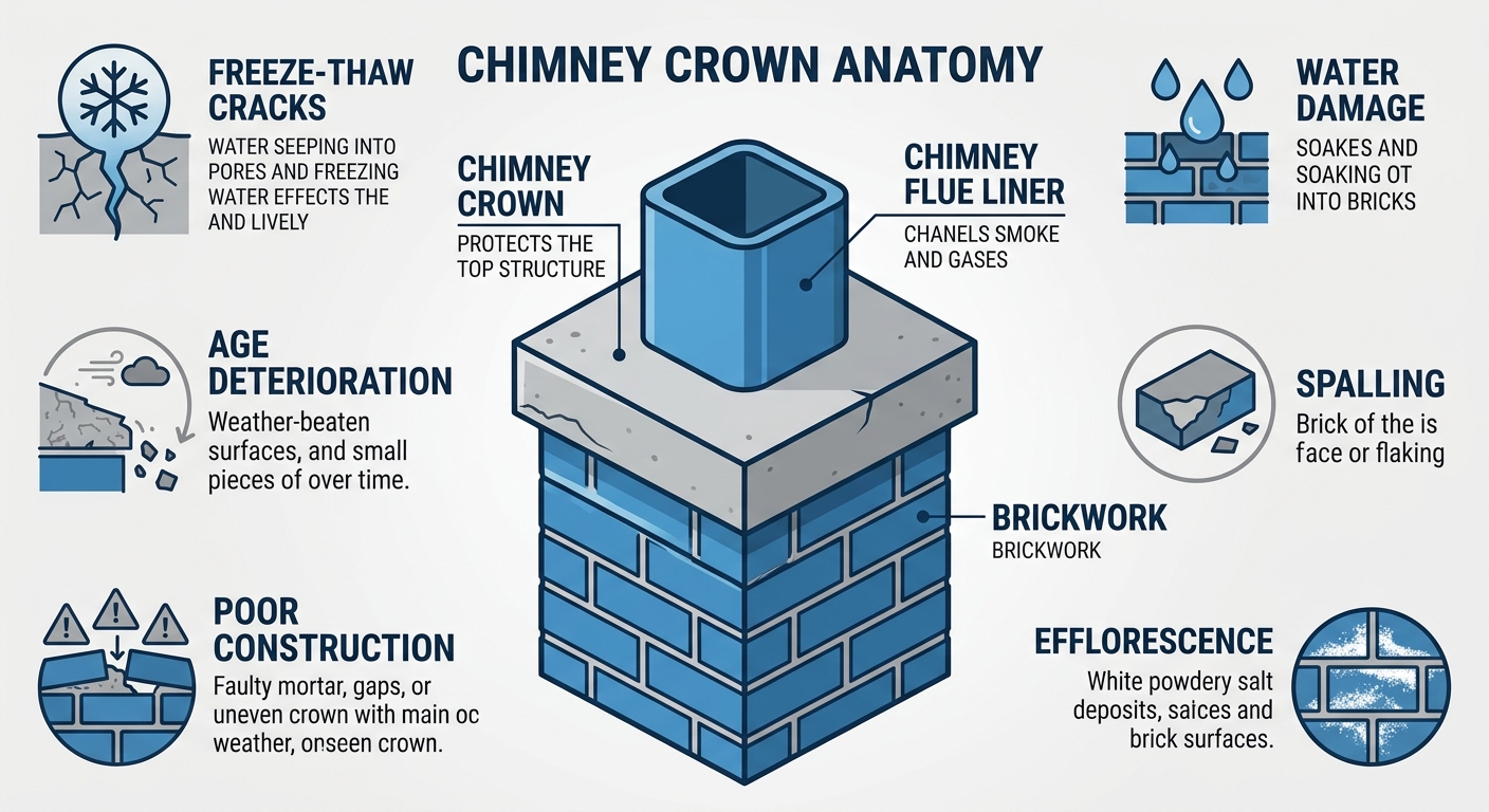 Chimney crown anatomy infographic showing freeze-thaw cracks, age deterioration, poor construction, water damage, spalling, and efflorescence around labeled crown, flue, and brick sections.