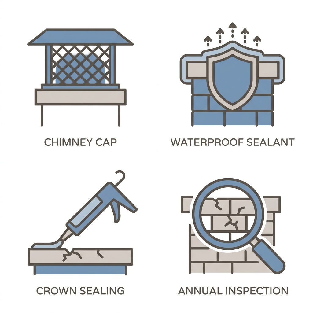 Icon set for preventing chimney deterioration: chimney cap, waterproof sealant, crown sealing, and annual inspection icons in gray and blue flat style