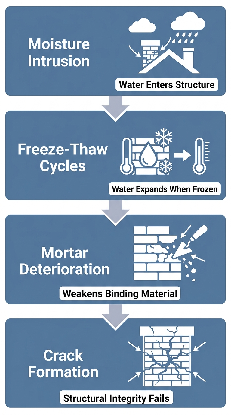 Vertical process flow diagram showing the chain of events leading to chimney cracks: moisture intrusion, freeze-thaw cycles, mortar deterioration, and crack formation.