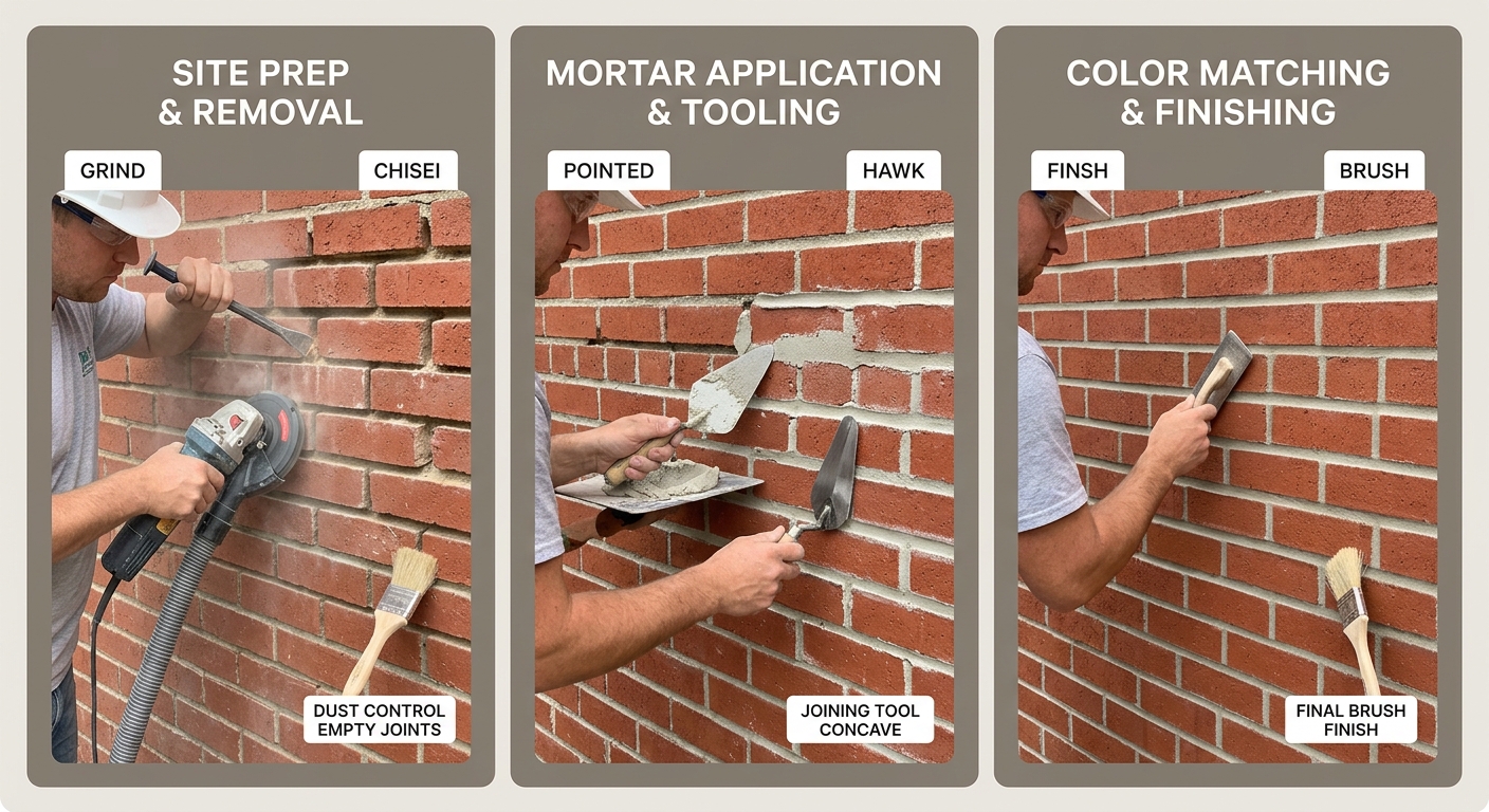 Three-step tuckpointing process: site prep & mortar removal, mortar application & tooling, color matching & finishing.