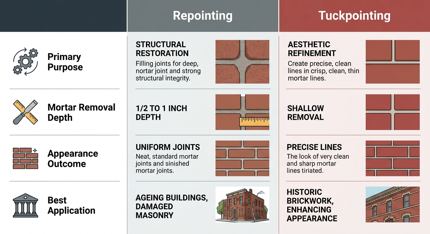 Side-by-side comparison infographic of tuckpointing versus repointing for masonry restoration.