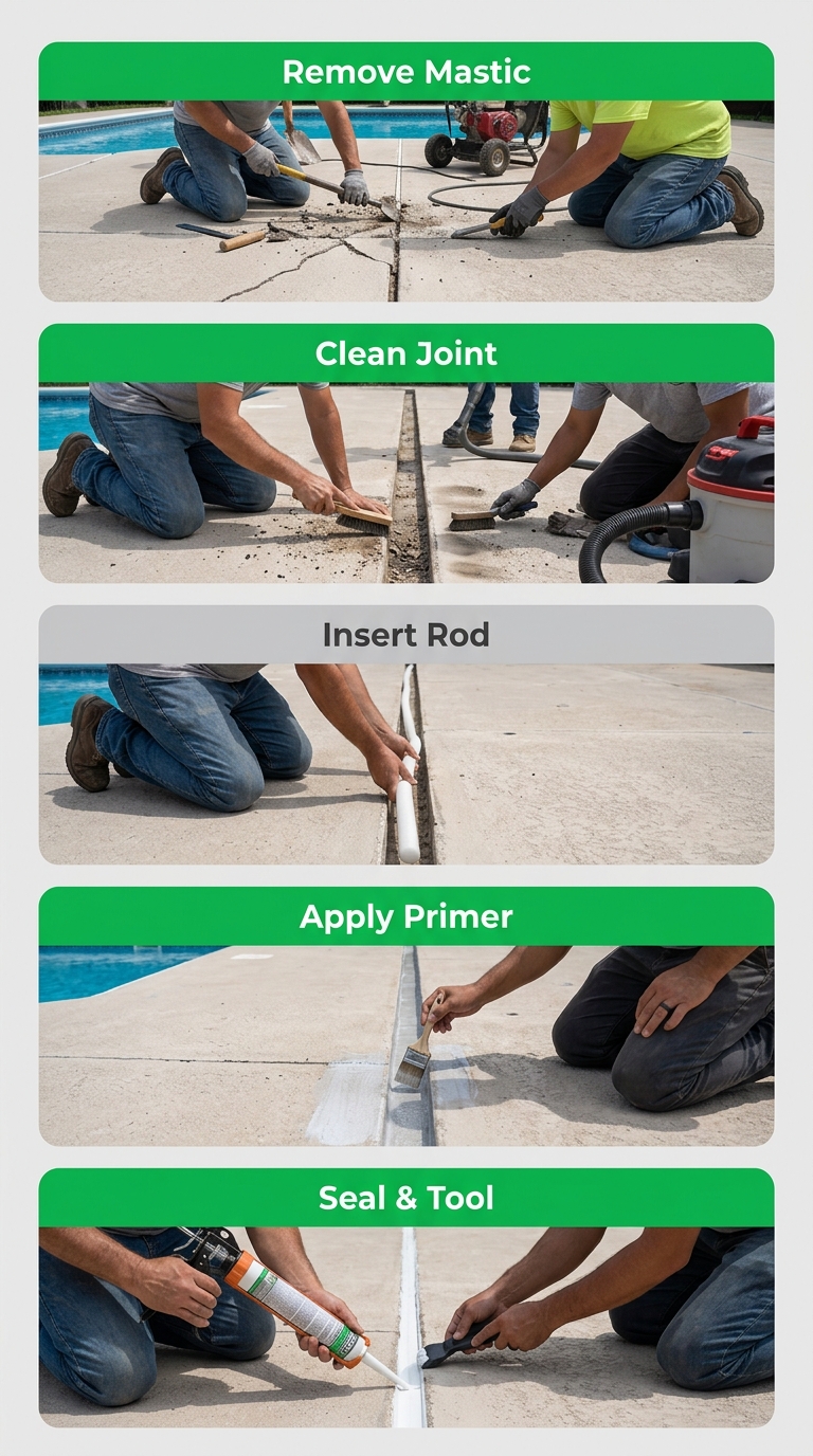 Vertical 5-step process diagram for pool deck mastic removal and sealant installation: remove with joint saw, clean with compressed air, insert backer rod, apply primer, gun-grade sealant and tool.