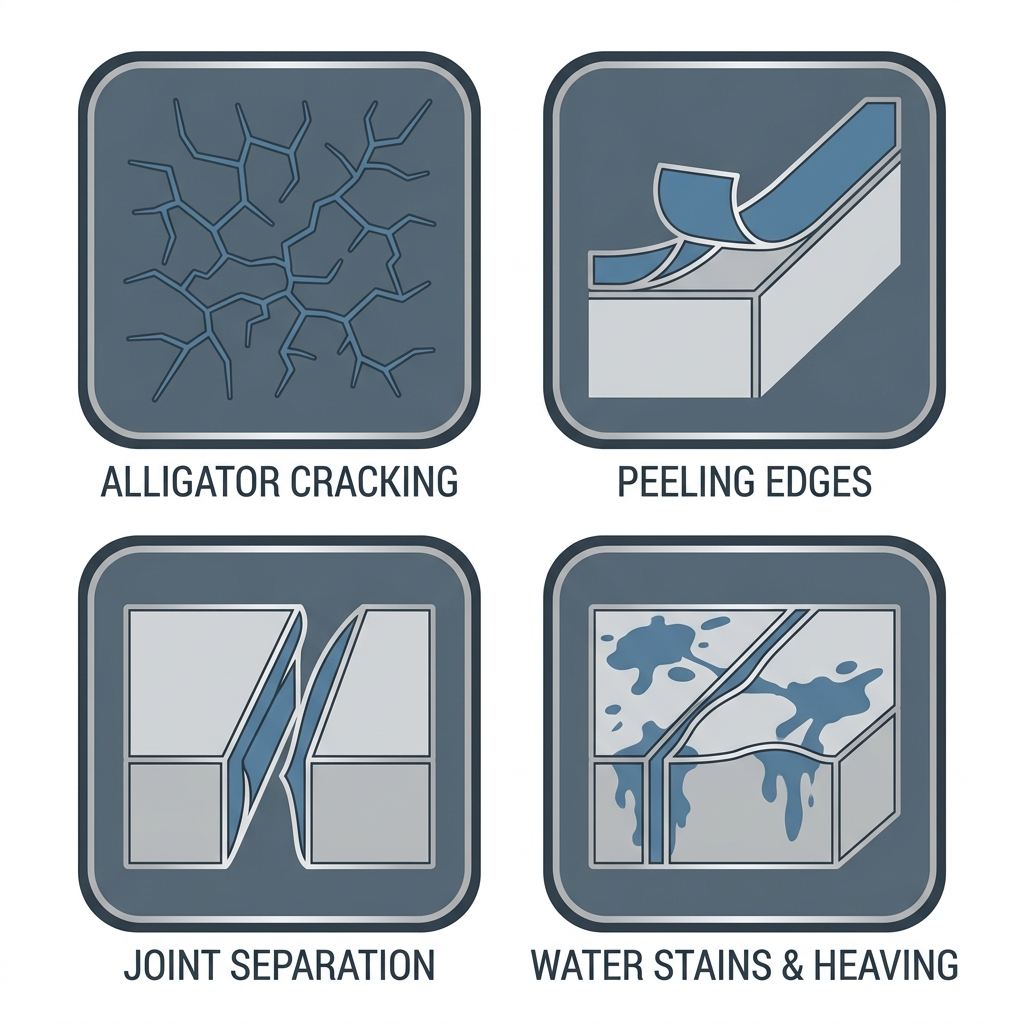 Icon grid showing signs of failing pool deck caulking including alligator cracking, peeling edges, joint separation, and water stains