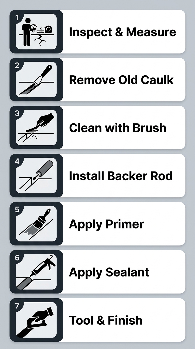 vertical process flow diagram showing seven steps for proper expansion joint restoration