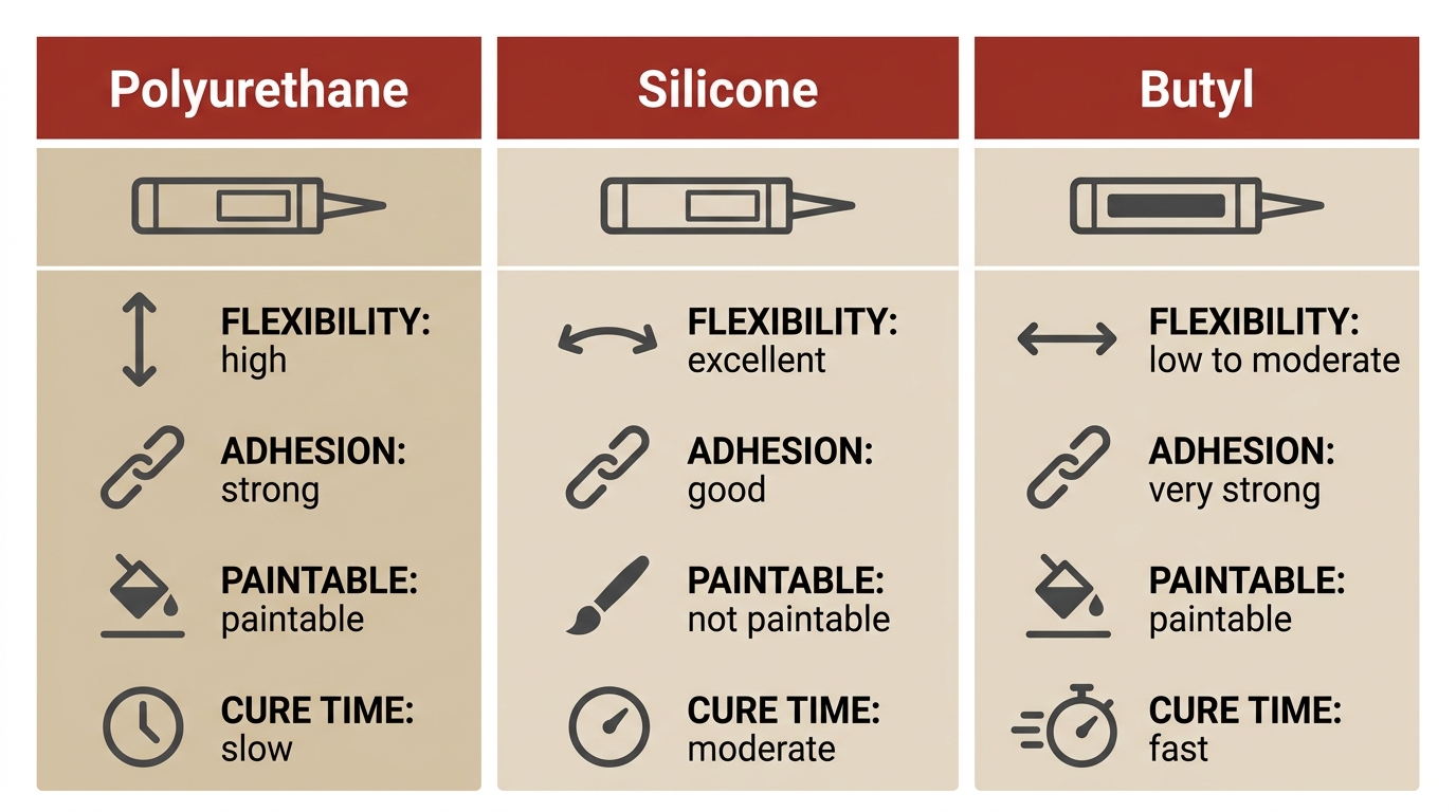 Infographic comparing three masonry expansion joint sealants: polyurethane, silicone, and butyl, with icons and key attributes.