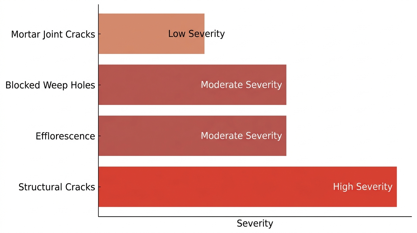 Horizontal bar chart comparing mortar joint cracks, blocked weep holes, efflorescence, and structural cracks by severity.