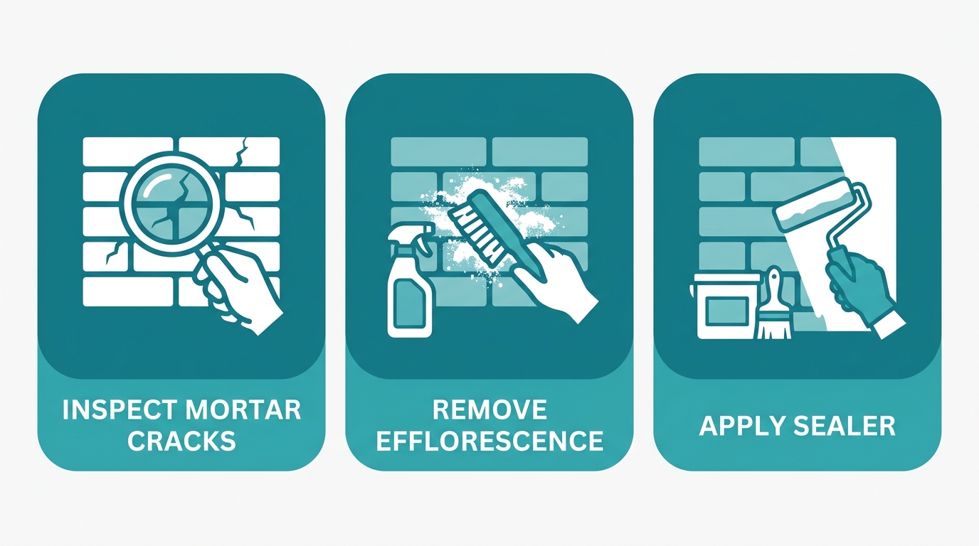 B&G Tuckpointing DIY leak diagnosis and repair process for brick walls showing inspect, remove efflorescence, and seal steps