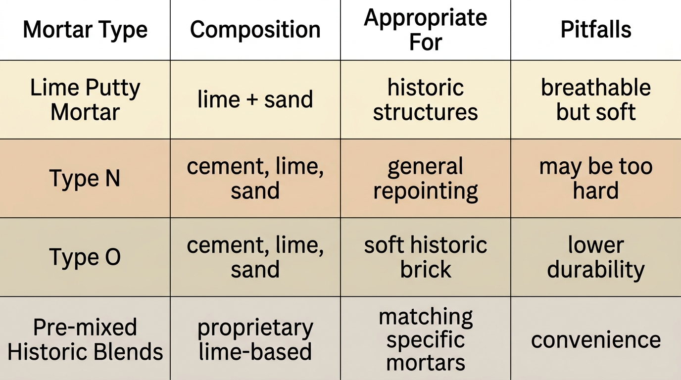 Comparison of four mortar types for historic brickwork: Lime Putty Mortar, Type N, Type O, and Pre-mixed Historic Blends, displayed in a tabular format with color-coded rows.