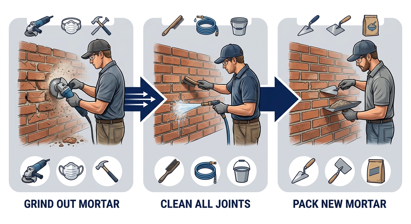Professional tuckpointing process diagram showing three sequential steps: grinding old mortar, cleaning joints, and packing new color-matched mortar