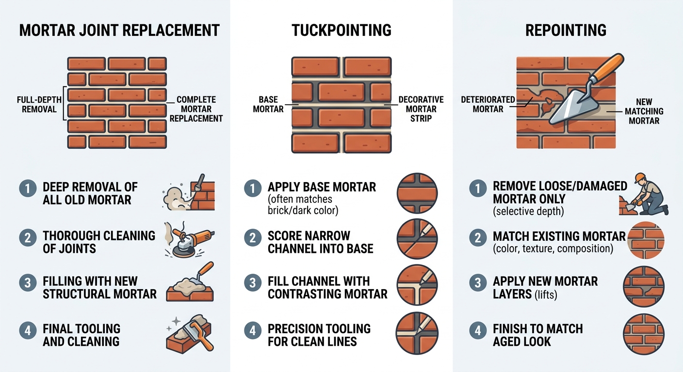 Three-column infographic comparing mortar joint replacement, tuckpointing, and repointing techniques