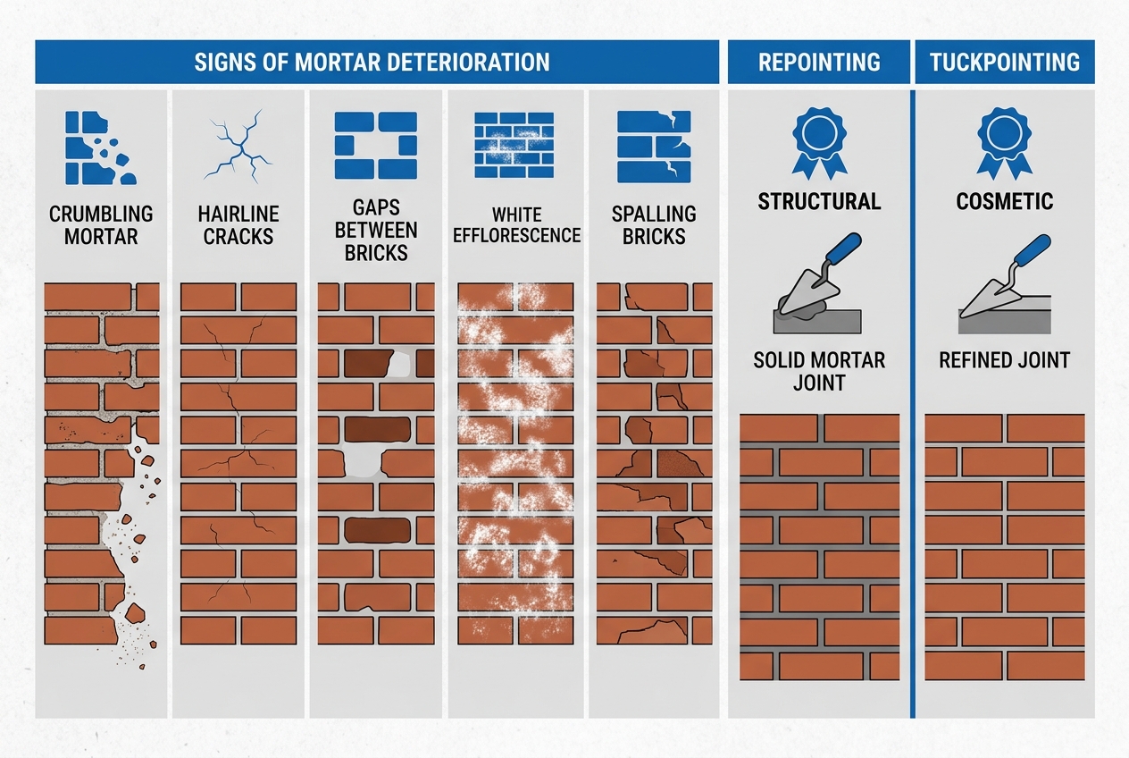 Infographic showing five signs of mortar deterioration and a comparison between repointing and tuckpointing