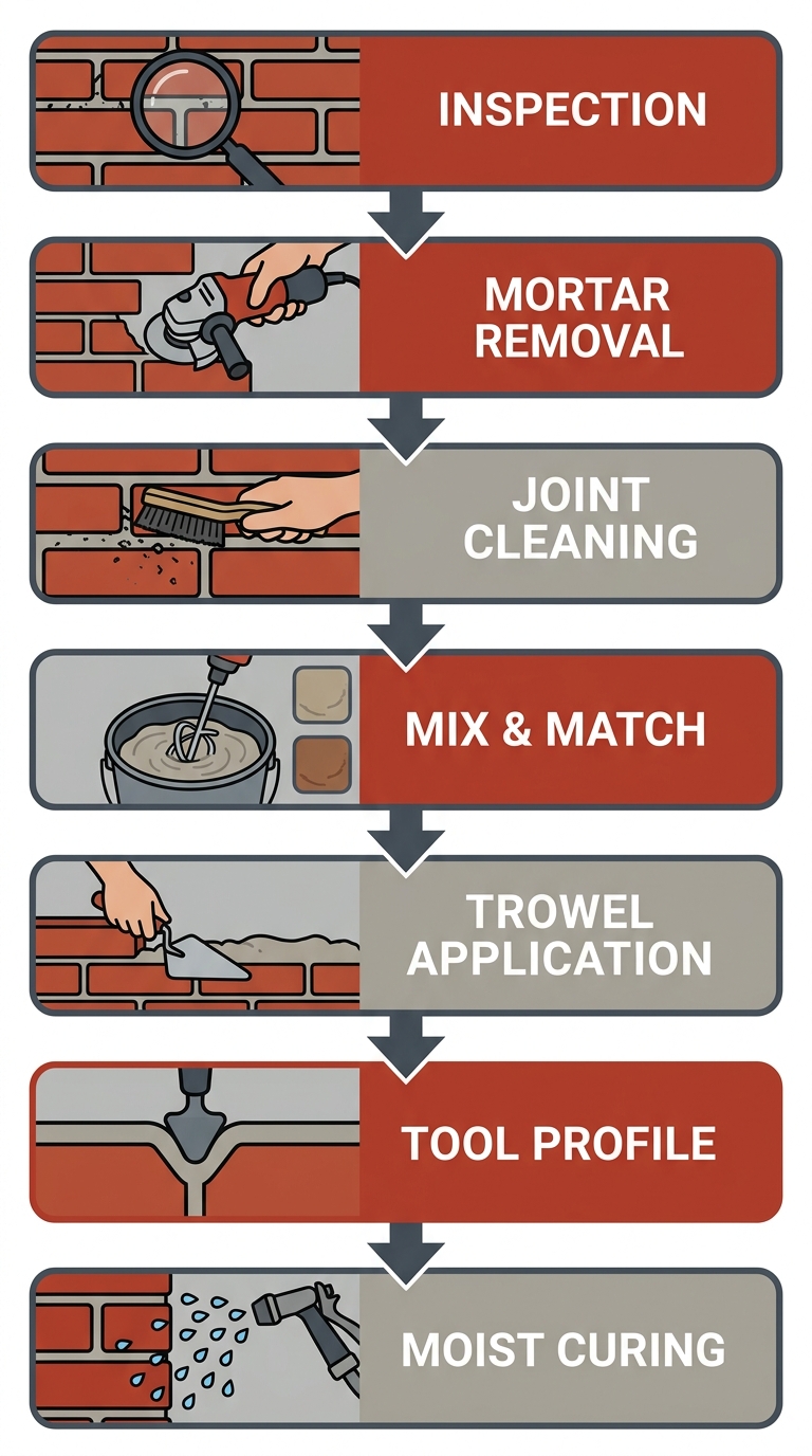 Seven-step vertical process flow for professional brick repointing from inspection to moist curing.