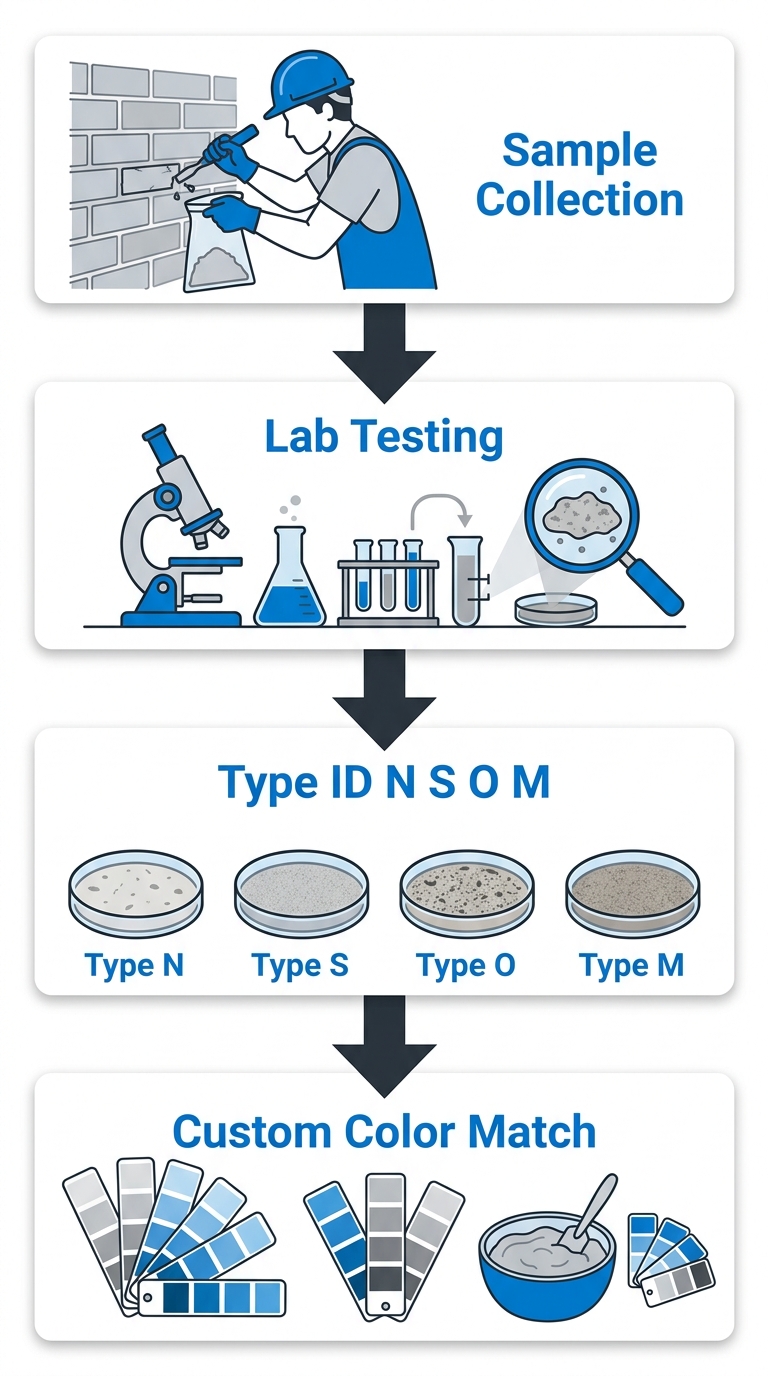 Vertical process-flow diagram showing mortar analysis steps: sample collection, lab testing, type identification N S O M, and custom color matching.
