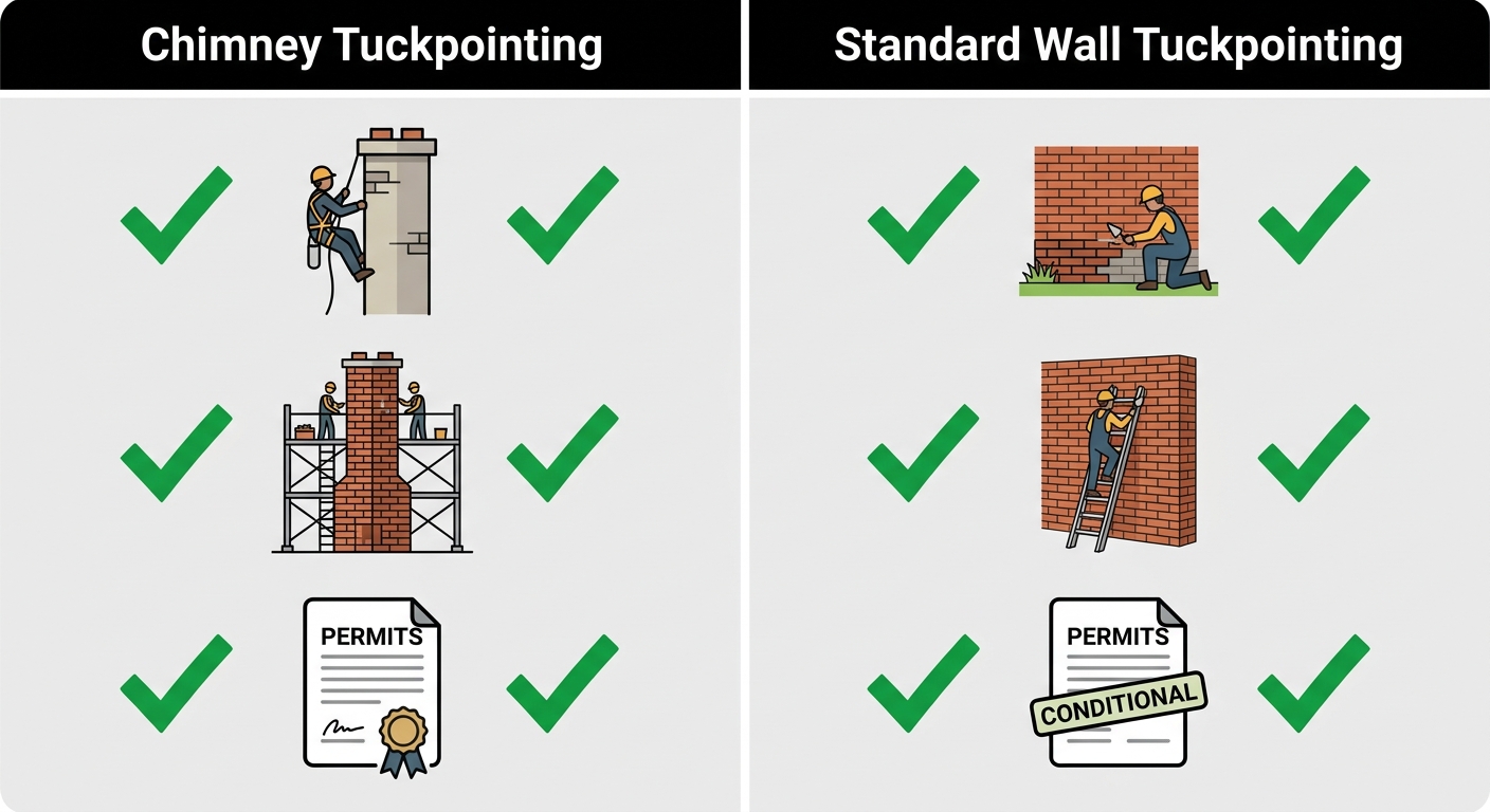 Comparison infographic showing chimney tuckpointing versus standard wall tuckpointing factors
