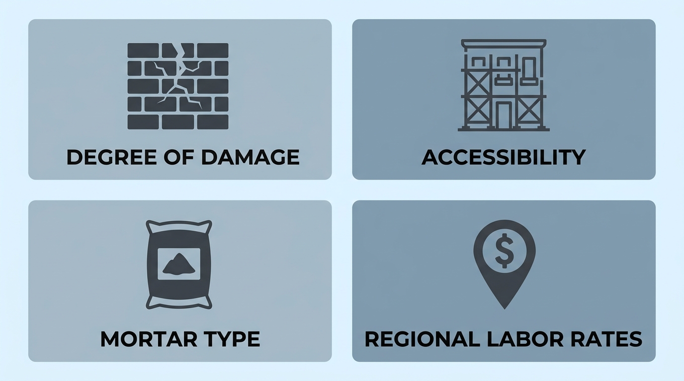 Infographic showing four factors affecting tuckpointing cost: Degree of Damage, Accessibility, Mortar Type, Regional Labor Rates
