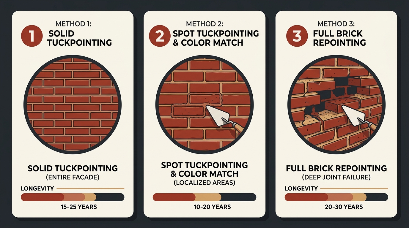 Comparison infographic of three commercial tuckpointing methods: Solid, Spot and Color Match, and Full Brick Repointing with longevity bars and use-case icons.