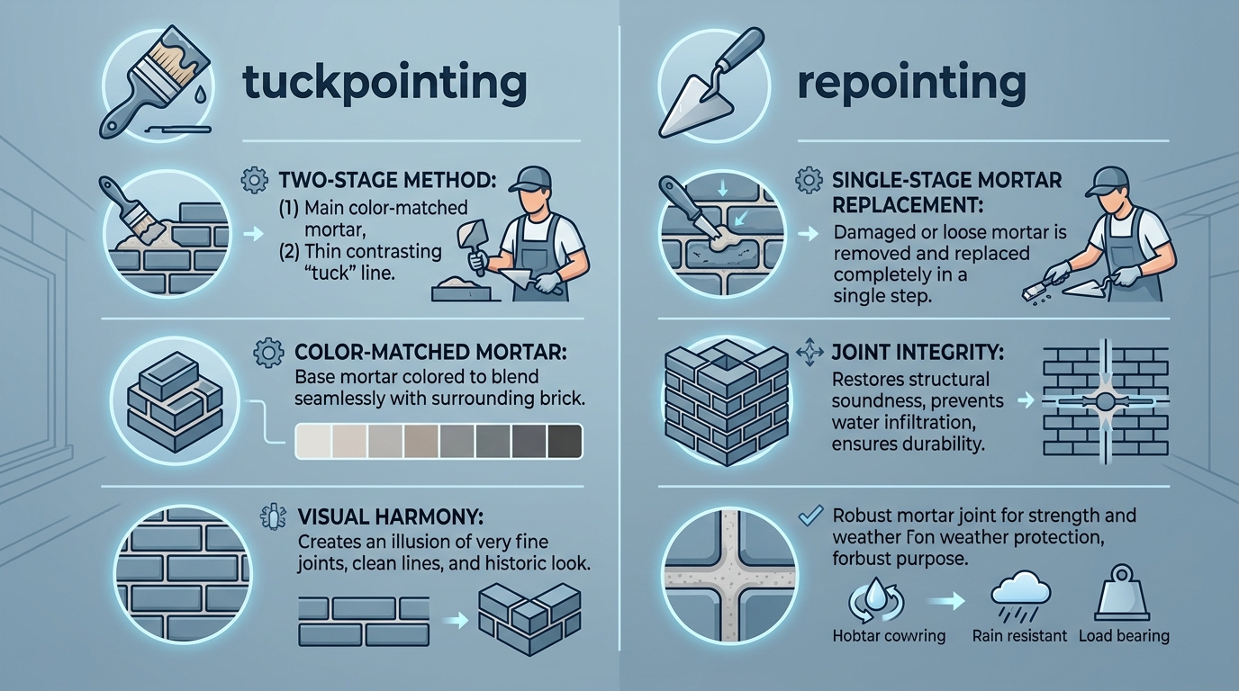 Horizontal two-column infographic comparing chimney tuckpointing and repointing. Left column shows tuckpointing with icon and mortar details, right column shows repointing with trowel icon. Professional blue-grey palette.