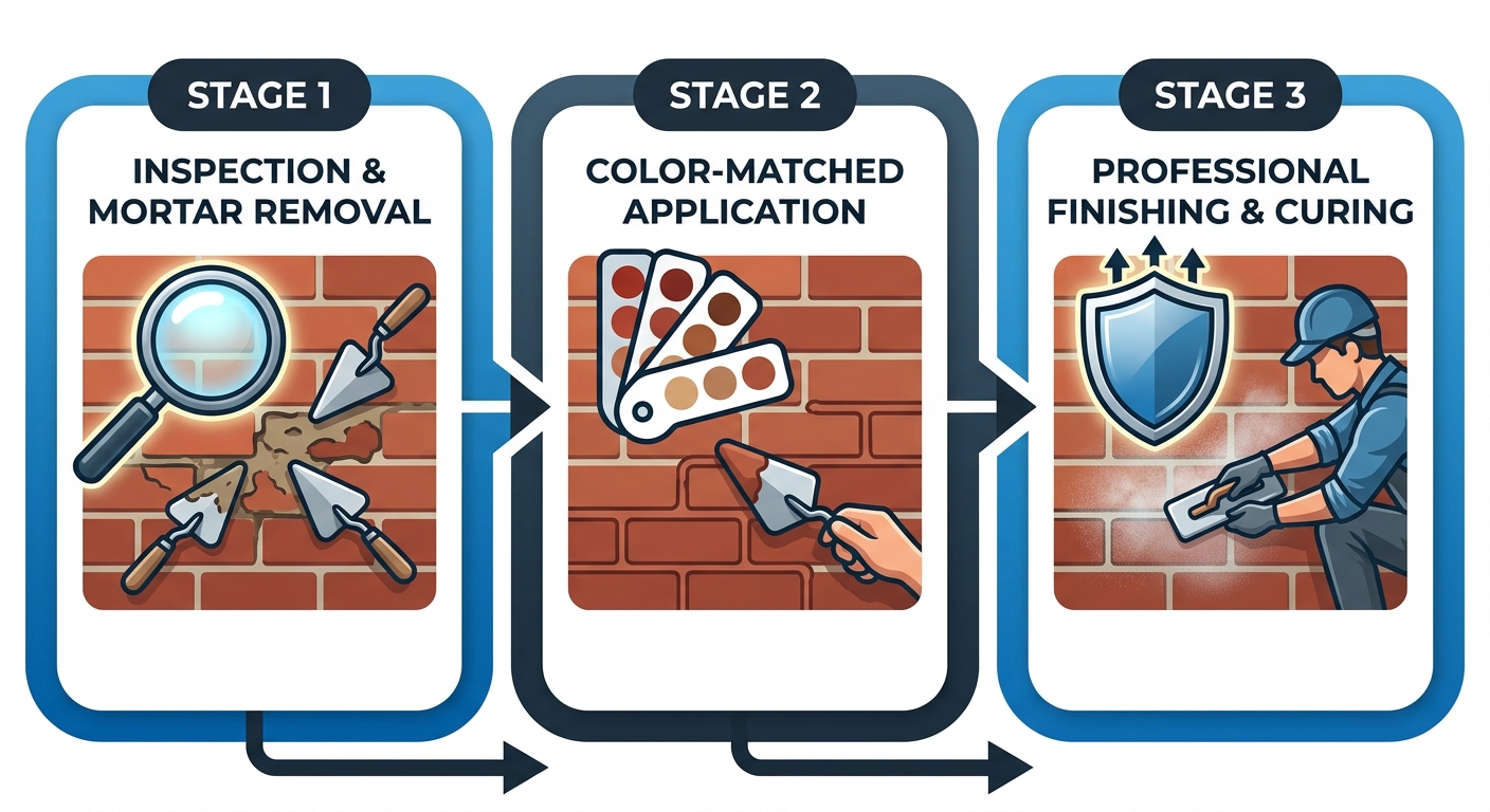 Process flow showing three stages of professional tuckpointing: inspection and old mortar removal, color-matched mortar application, professional finishing and curing.